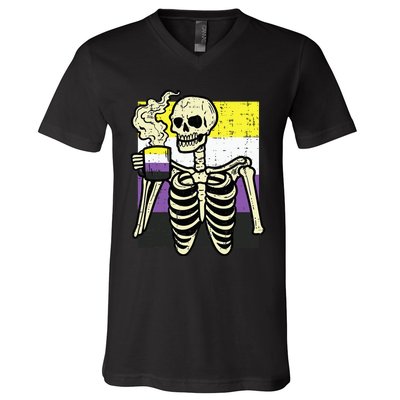 Skeleton Coffee Fun Enby Pride Flag Lgbt V-Neck T-Shirt