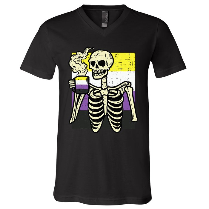 Skeleton Coffee Fun Enby Pride Flag Lgbt V-Neck T-Shirt