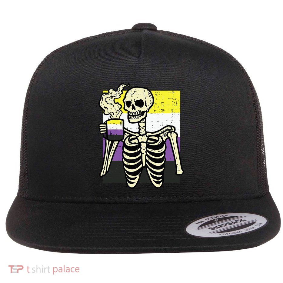 Skeleton Coffee Fun Enby Pride Flag Lgbt Flat Bill Trucker Hat