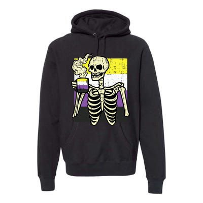 Skeleton Coffee Fun Enby Pride Flag Lgbt Premium Hoodie