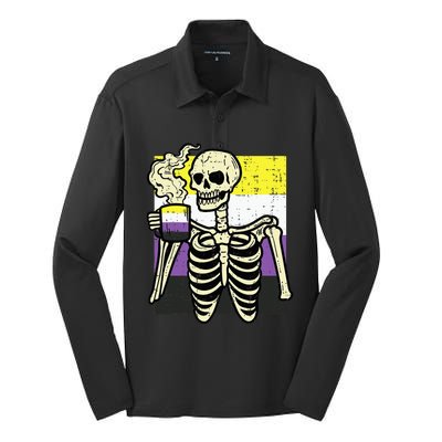 Skeleton Coffee Fun Enby Pride Flag Lgbt Silk Touch Performance Long Sleeve Polo