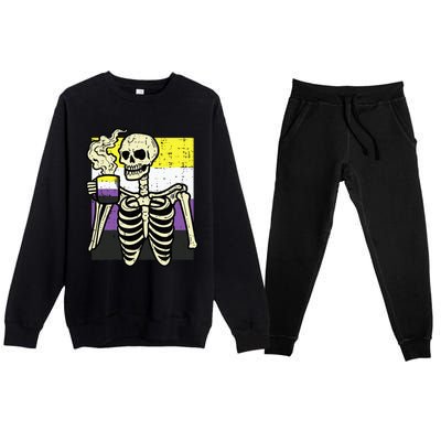 Skeleton Coffee Fun Enby Pride Flag Lgbt Premium Crewneck Sweatsuit Set