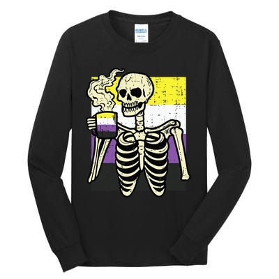 Skeleton Coffee Fun Enby Pride Flag Lgbt Tall Long Sleeve T-Shirt