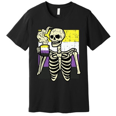 Skeleton Coffee Fun Enby Pride Flag Lgbt Premium T-Shirt