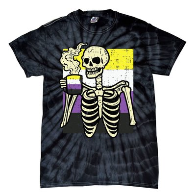 Skeleton Coffee Fun Enby Pride Flag Lgbt Tie-Dye T-Shirt