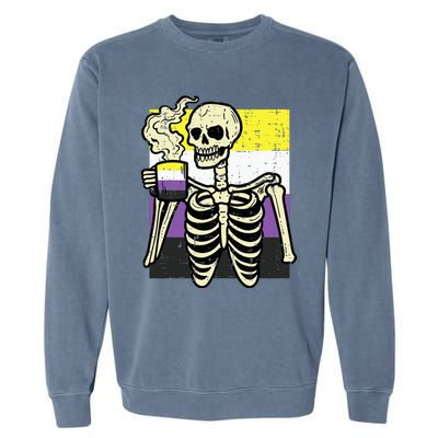 Skeleton Coffee Fun Enby Pride Flag Lgbt Garment-Dyed Sweatshirt