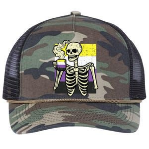 Skeleton Coffee Fun Enby Pride Flag Lgbt Retro Rope Trucker Hat Cap