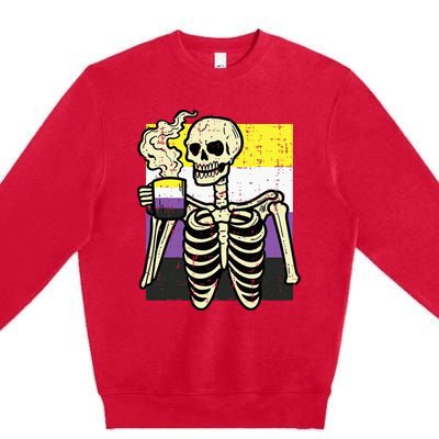 Skeleton Coffee Fun Enby Pride Flag Lgbt Premium Crewneck Sweatshirt