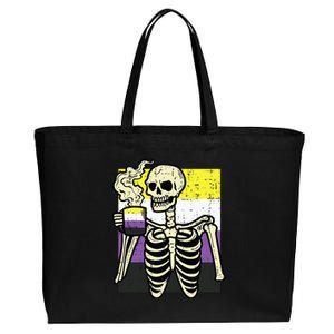 Skeleton Coffee Fun Enby Pride Flag Lgbt Cotton Canvas Jumbo Tote