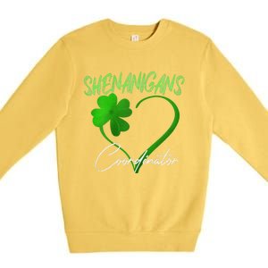 Shenanigans Coordinator Green Heart Shamrock St Patricks Day Premium Crewneck Sweatshirt