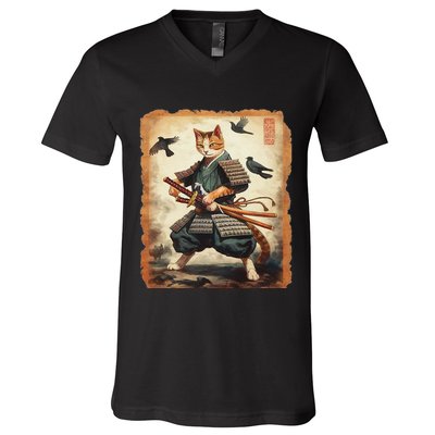 Samurai Cat Graphicwarrior Vintage Japanese Art Anime V-Neck T-Shirt