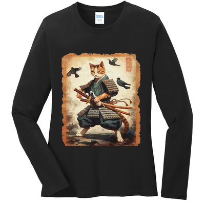 Samurai Cat Graphicwarrior Vintage Japanese Art Anime Ladies Long Sleeve Shirt