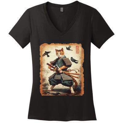 Samurai Cat Graphicwarrior Vintage Japanese Art Anime Women's V-Neck T-Shirt