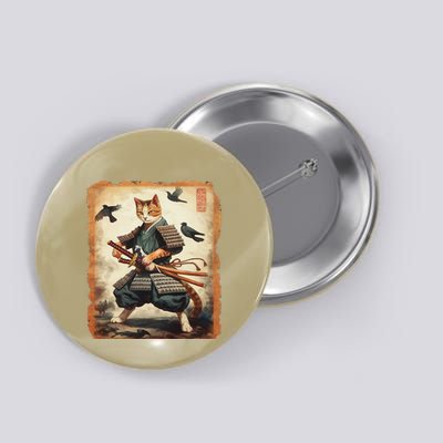 Samurai Cat Graphicwarrior Vintage Japanese Art Anime Button