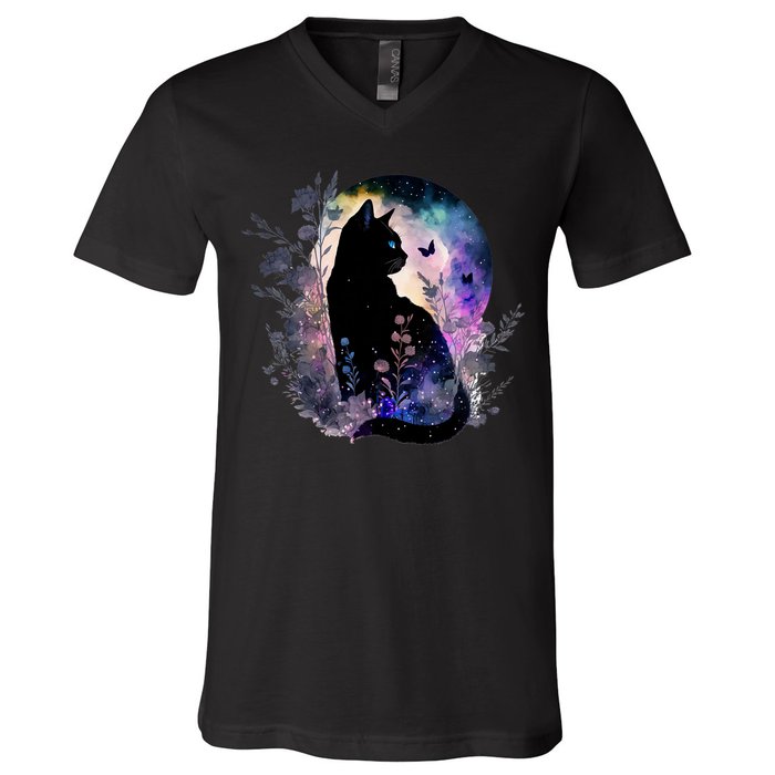 Space Cat Galaxy Cat Funny For Cat Dad Cat Mom Cat Lover Cat Alien Ufo V-Neck T-Shirt
