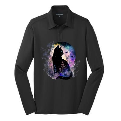 Space Cat Galaxy Cat Funny For Cat Dad Cat Mom Cat Lover Cat Alien Ufo Silk Touch Performance Long Sleeve Polo