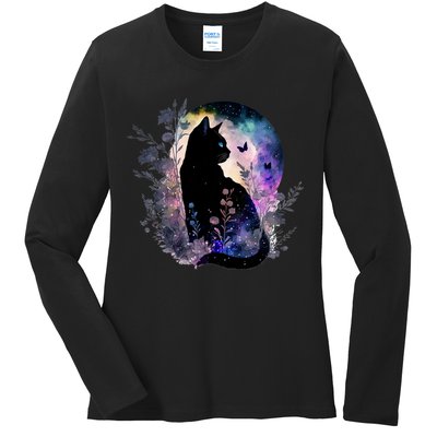 Space Cat Galaxy Cat Funny For Cat Dad Cat Mom Cat Lover Cat Alien Ufo Ladies Long Sleeve Shirt