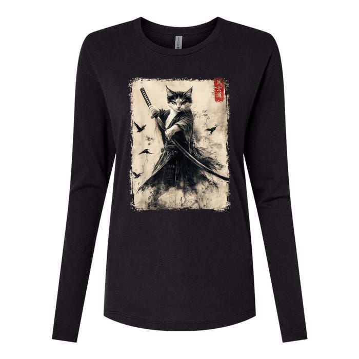 Samurai Cat Graphic Warrior Vintage Japanese Art Anime Womens Cotton Relaxed Long Sleeve T-Shirt