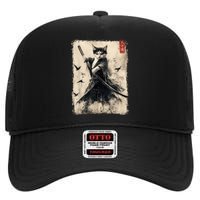 Samurai Cat Graphic Warrior Vintage Japanese Art Anime High Crown Mesh Back Trucker Hat