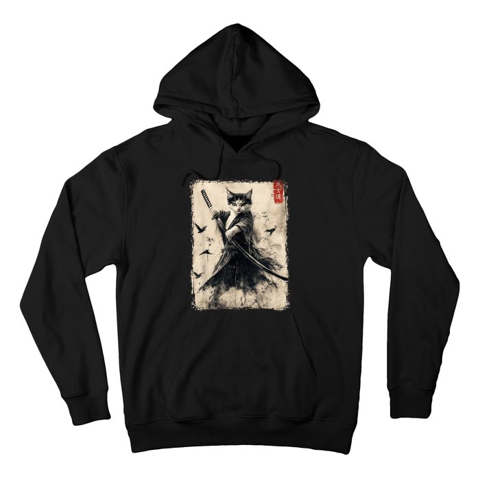 Samurai Cat Graphic Warrior Vintage Japanese Art Anime Hoodie