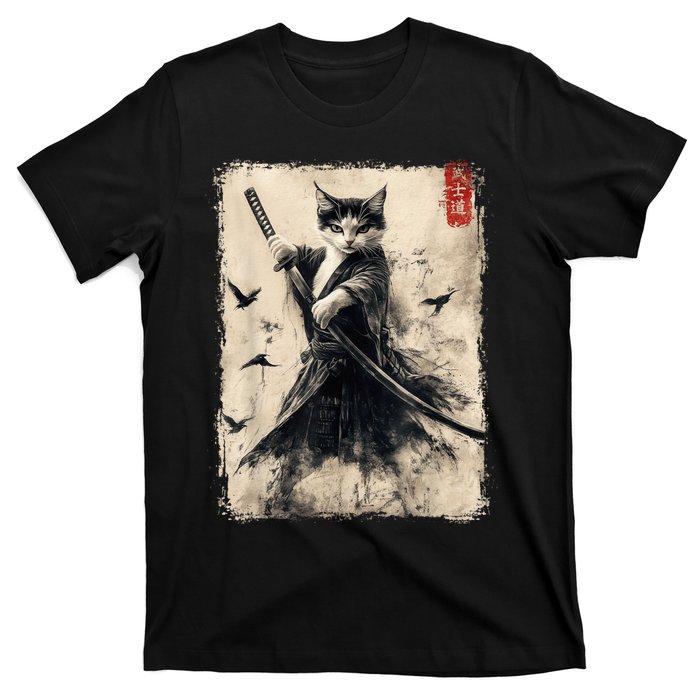 Samurai Cat Graphic Warrior Vintage Japanese Art Anime T-Shirt