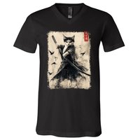 Samurai Cat Graphic Warrior Vintage Japanese Art Anime V-Neck T-Shirt