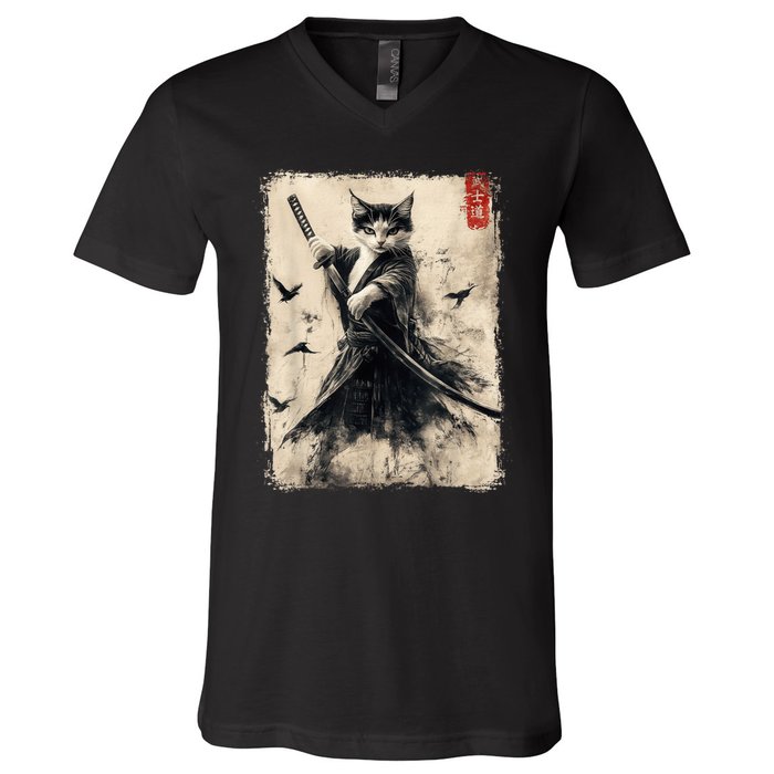 Samurai Cat Graphic Warrior Vintage Japanese Art Anime V-Neck T-Shirt