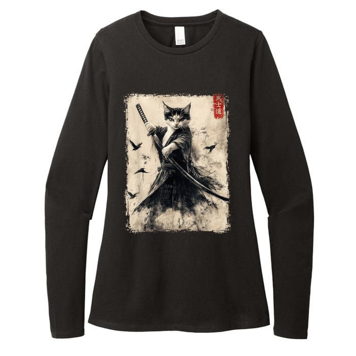 Samurai Cat Graphic Warrior Vintage Japanese Art Anime Womens CVC Long Sleeve Shirt