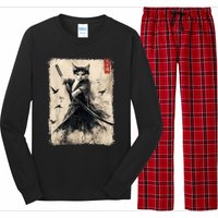 Samurai Cat Graphic Warrior Vintage Japanese Art Anime Long Sleeve Pajama Set