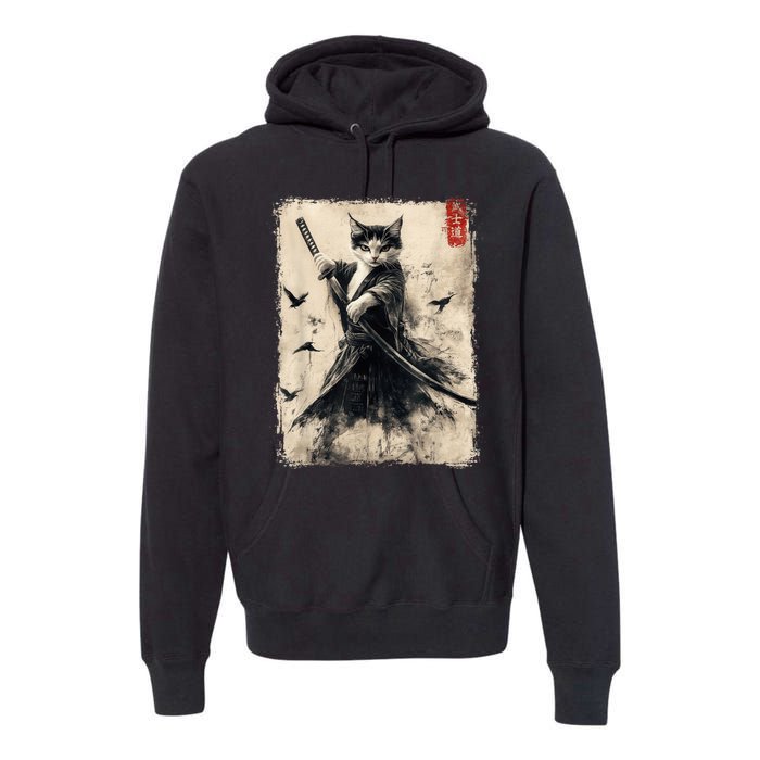 Samurai Cat Graphic Warrior Vintage Japanese Art Anime Premium Hoodie