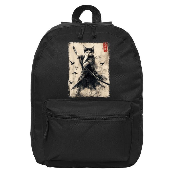 Samurai Cat Graphic Warrior Vintage Japanese Art Anime 16 in Basic Backpack