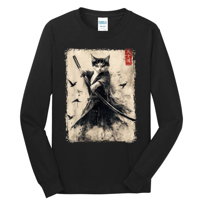 Samurai Cat Graphic Warrior Vintage Japanese Art Anime Tall Long Sleeve T-Shirt