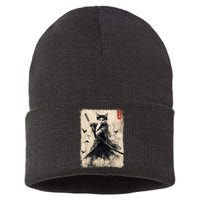 Samurai Cat Graphic Warrior Vintage Japanese Art Anime Sustainable Knit Beanie