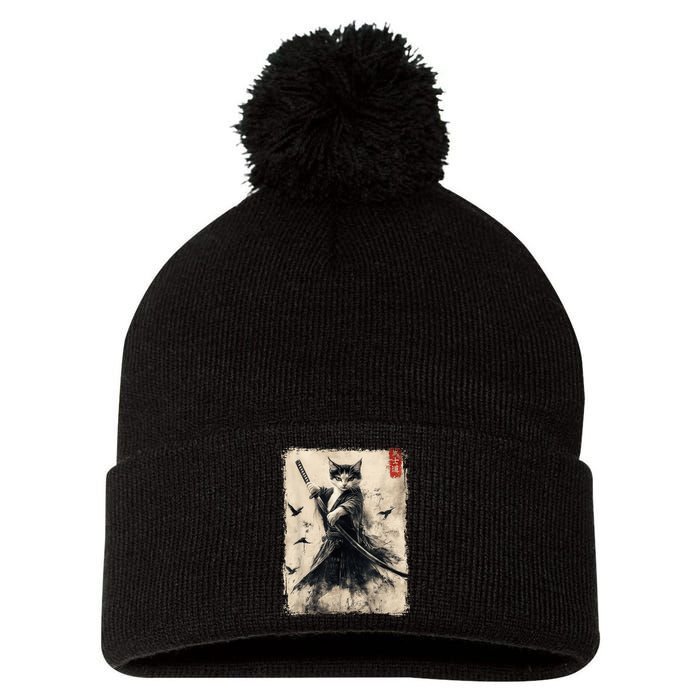 Samurai Cat Graphic Warrior Vintage Japanese Art Anime Pom Pom 12in Knit Beanie