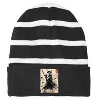 Samurai Cat Graphic Warrior Vintage Japanese Art Anime Striped Beanie with Solid Band