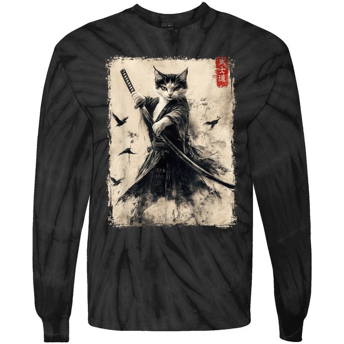 Samurai Cat Graphic Warrior Vintage Japanese Art Anime Tie-Dye Long Sleeve Shirt