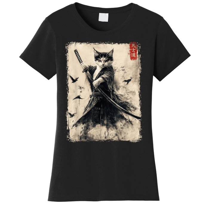 Samurai Cat Graphic Warrior Vintage Japanese Art Anime Women's T-Shirt