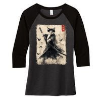 Samurai Cat Graphic Warrior Vintage Japanese Art Anime Women's Tri-Blend 3/4-Sleeve Raglan Shirt