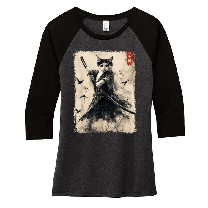 Samurai Cat Graphic Warrior Vintage Japanese Art Anime Women's Tri-Blend 3/4-Sleeve Raglan Shirt