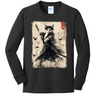 Samurai Cat Graphic Warrior Vintage Japanese Art Anime Kids Long Sleeve Shirt