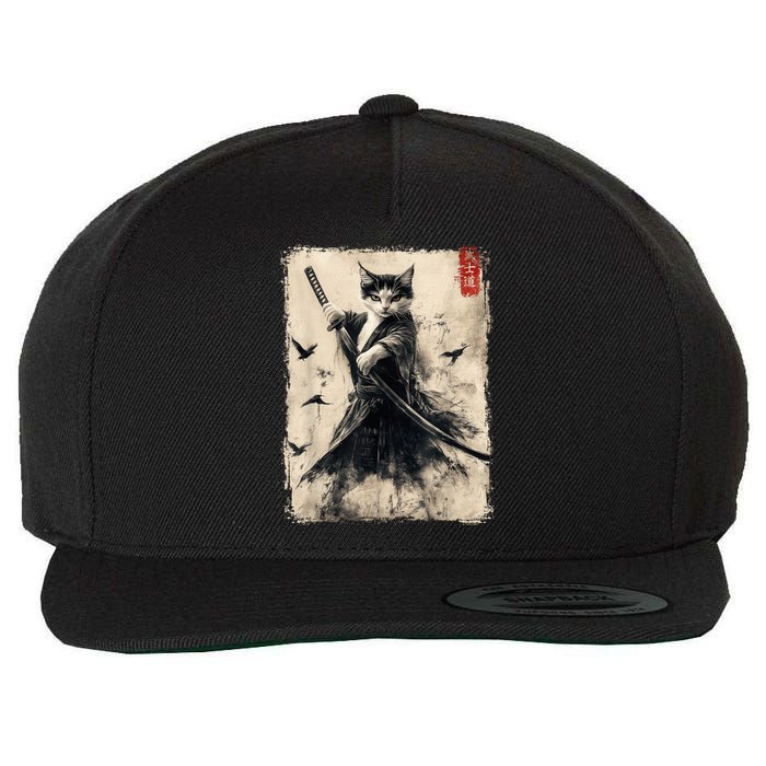 Samurai Cat Graphic Warrior Vintage Japanese Art Anime Wool Snapback Cap