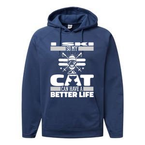 Skiing Cat Gift Winter Sports Ski Skier Meaningful Gift Performance Fleece Hoodie