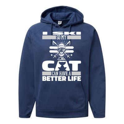 Skiing Cat Gift Winter Sports Ski Skier Meaningful Gift Performance Fleece Hoodie