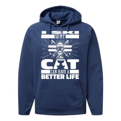 Skiing Cat Gift Winter Sports Ski Skier Great Gift Performance Fleece Hoodie