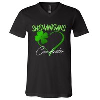 Shenanigans Coordinator Green Heart Shamrock St Patricks Day V-Neck T-Shirt