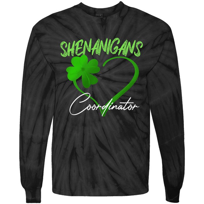 Shenanigans Coordinator Green Heart Shamrock St Patricks Day Tie-Dye Long Sleeve Shirt