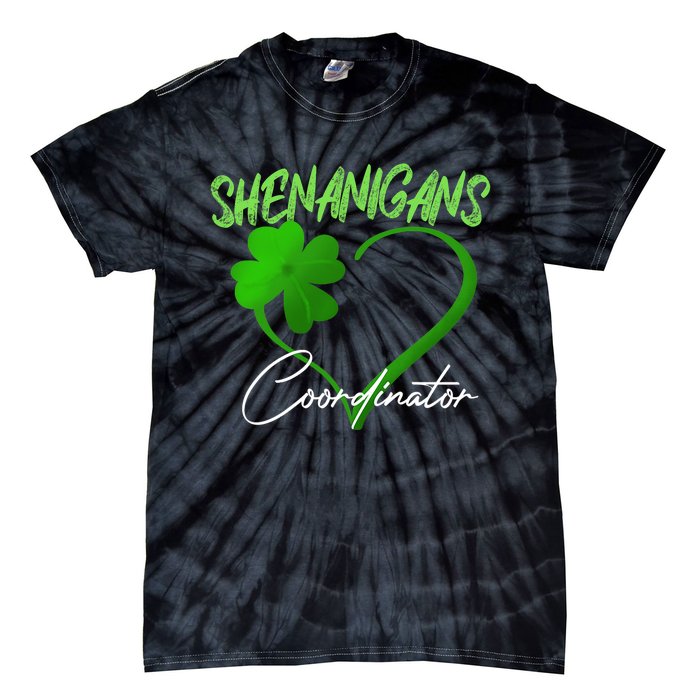 Shenanigans Coordinator Green Heart Shamrock St Patricks Day Tie-Dye T-Shirt