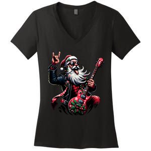 Santa Claus Guitar Player Rock & Roll Christmas Women's V-Neck T-Shirt