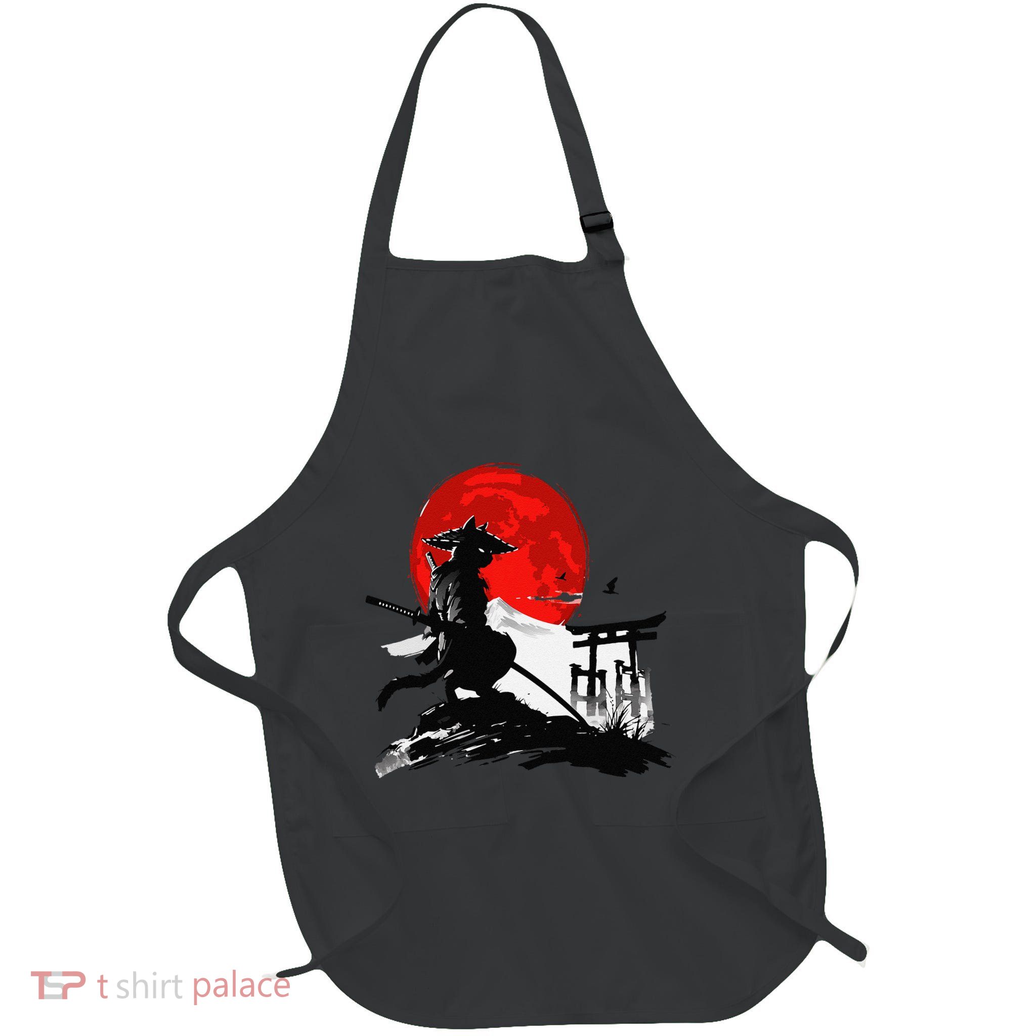 Samurai Cat Graphic Warrior Art Graphic Ninja Cat Japanese Full-Length Apron With Pockets