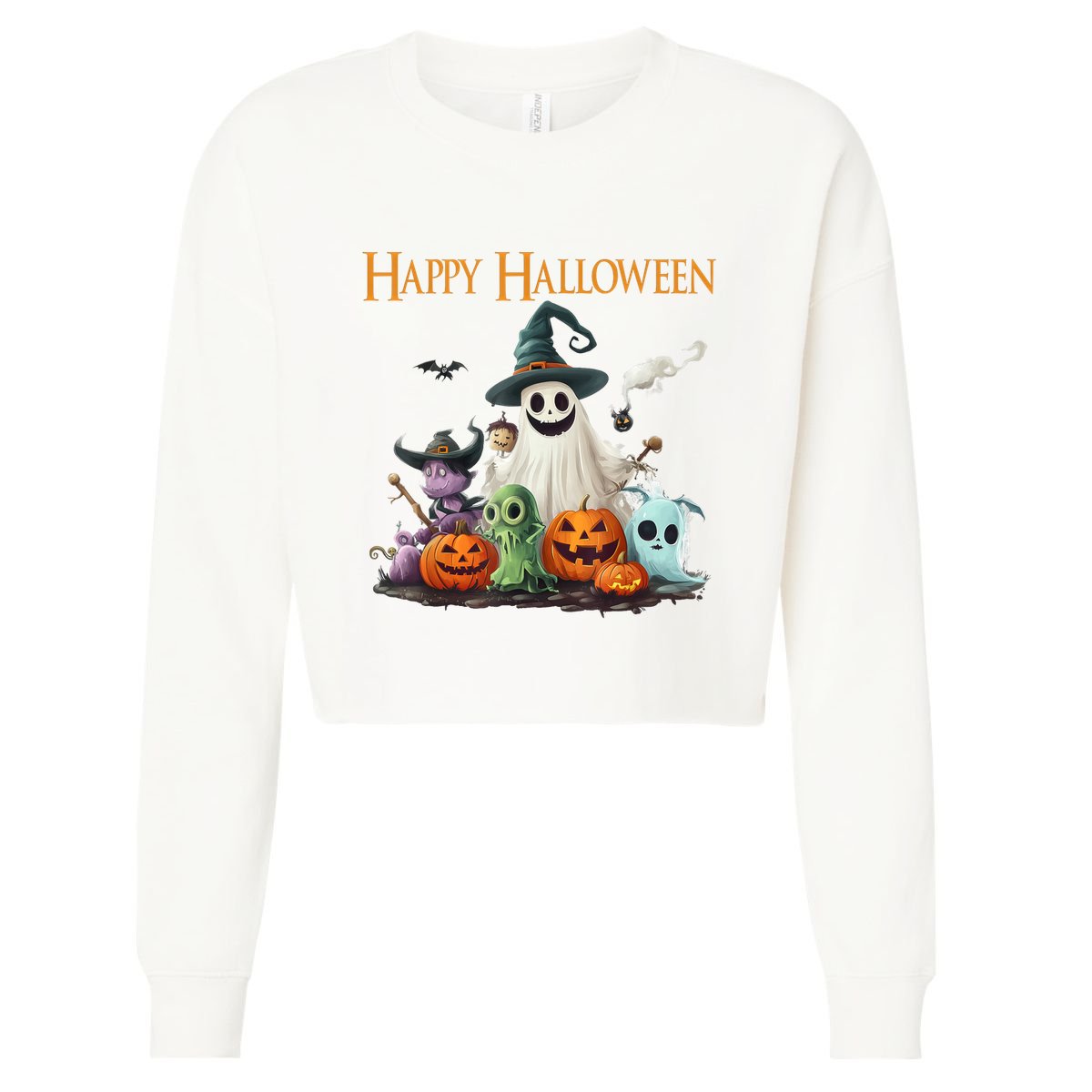 Spooky Cute Ghost Halloween Costume | Happy Halloween Ghost Cropped Pullover Crew
